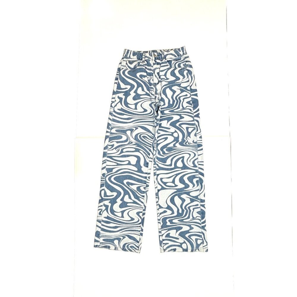 Shein Wide Leg Women's size 4 Medium Wash Swirls Blue White Denim jeans